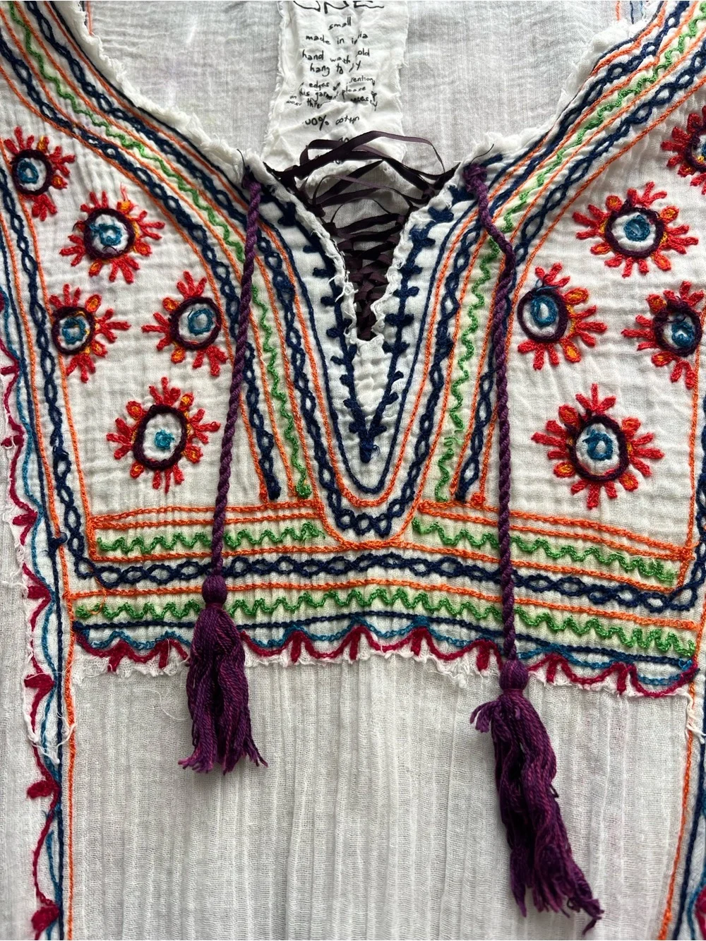 Free People FP One Fez Embroidered Gauze Mini Dress White Boho Tassel Small